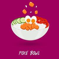 poke bowl bianco rotondo con salmone, cetriolo, riso, uova e pomodoro. cibo salutare. illustrazione vettoriale