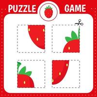 gioco di puzzle per bambini. fragola del fumetto. cibo salutare. pratica di taglio. foglio di lavoro per lo sviluppo dell'istruzione. pagina delle attività. vettore