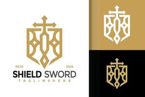 design del logo della spada con scudo di lusso, vettore dei loghi dell'identità del marchio, logo moderno, modello di illustrazione vettoriale dei disegni del logo