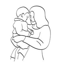 line art sorridente madre che porta il suo bambino illustrazione vettore disegnato a mano isolato su sfondo bianco