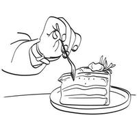 primo piano mano mangiare torta con forchetta illustrazione vettore disegnato a mano isolato su sfondo bianco linea art.