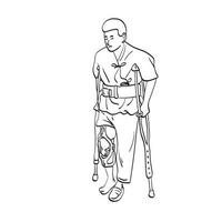 uomo con gamba rotta usando stampelle per camminare illustrazione vettore disegnato a mano isolato su sfondo bianco line art.