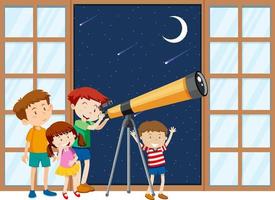 i bambini osservano il cielo notturno con il telescopio vettore