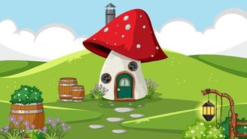 giardino fantasy con casa dei funghi hobbit vettore