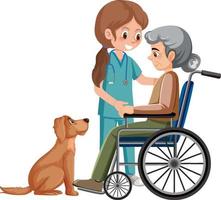 donna anziana in sedia a rotelle e infermiera vettore