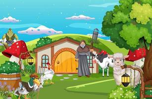 scena di cartone animato fantasy con animali da fattoria