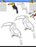 compito di disegnare e colorare con il personaggio animale dell'uccello tucano vettore