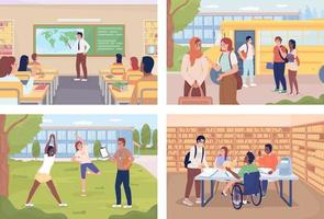 routine quotidiana degli studenti delle scuole set di illustrazioni vettoriali a colori piatti. educazione scolastica. periodo accademico. collezione di personaggi dei cartoni animati semplici 2d completamente modificabile con ambiente scolastico sullo sfondo