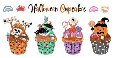 cupcakes di halloween progettati in stile doodle su sfondo bianco. ottimo per decorare temi di Halloween, carte, disegni di magliette, cuscini, adesivi, stampe digitali e altro ancora.