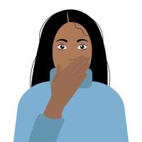 immagine ritratto di una ragazza indiana che si copriva la bocca con la mano con orrore, un vettore piatto, isolato su uno sfondo bianco, una ragazza con un maglione blu