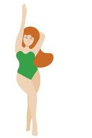 ritratto di una ragazza dai capelli rossi in sovrappeso in un costume da bagno verde, isolata su bianco, vettore piatto, la ragazza sta con la mano alzata