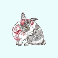 coniglio disegnato a mano in sciarpa invernale rossa, paraorecchie. coniglietto simbolo capodanno cinese 2023. natale decort. arte del tatuaggio. disegno in stile incisione schizzo in bianco e nero. vettore