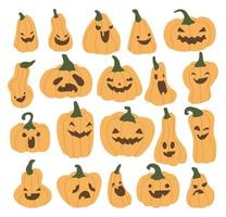 insieme disegnato a mano di halloween sorriso ridere oggetti di zucca elementi caratteriali, raccolta di illustrazioni vettoriali set con verdure arancioni