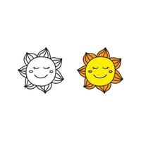 contorno di doodle e icone colorate del sole sorridente felice isolate su priorità bassa bianca. vettore