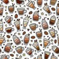 modello senza cuciture con bevande di caffè colorate, fagioli, fiori e cuori di doodle. vettore