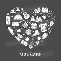 carino doodle kids camp, icone all'aperto composte a forma di cuore. vettore