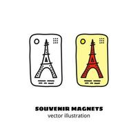 contorno di doodle e magnete souvenir colorato o adesivo con torre eiffel isolato su sfondo bianco. vettore