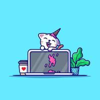 gatto con l'illustrazione dell'icona di vettore del fumetto del computer portatile. concetto di icona di tecnologia animale isolato vettore premium. stile cartone animato piatto
