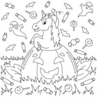 divertente unicorno che salta fuori da una zucca per le vacanze di halloween. pagina del libro da colorare per bambini. personaggio in stile cartone animato. illustrazione vettoriale isolato su sfondo bianco.