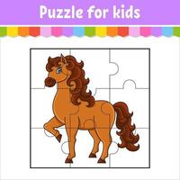 gioco di puzzle per bambini. simpatico cavallo. animale da fattoria. pezzi di puzzle. foglio di lavoro a colori. pagina delle attività. illustrazione vettoriale isolata. stile cartone animato.