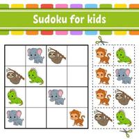 sudoku per bambini. foglio di lavoro per lo sviluppo dell'istruzione. pagina attività con immagini. gioco di puzzle per bambini. formazione al pensiero logico. illustrazione vettoriale isolata. tema animale. stile cartone animato.