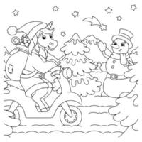 l'unicorno cavalca un motorino e porta doni. pagina del libro da colorare per bambini. personaggio in stile cartone animato. illustrazione vettoriale isolato su sfondo bianco.