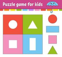 gioco di puzzle per bambini. taglia e incolla. pratica di taglio. forme di apprendimento. foglio di lavoro per l'istruzione. cerchio, quadrato, rettangolo, triangolo. pagina delle attività. personaggio dei cartoni animati. vettore