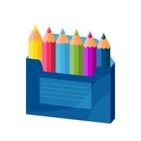 matite di legno color arcobaleno in scatola blu. set di matite per la scuola e l'arte. illustrazione vettoriale di pastelli colorati