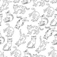 modello senza cuciture con gatti in stile doodle. illustrazione vettoriale disegnato a mano su sfondo bianco. ottimo per tessuti, sfondi, carte da imballaggio, libri da colorare. contorno nero.