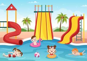parco acquatico con piscina, divertimento, scivolo, palme e i bambini nuotano per la ricreazione e il parco giochi all'aperto nell'illustrazione piatta del fumetto vettore