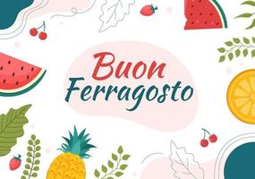 buon ferragosto festival estivo italiano in spiaggia fumetto illustrazione in un giorno festivo celebrato il 15 agosto in stile piatto design vettore