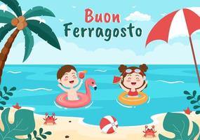 buon ferragosto festival estivo italiano in spiaggia fumetto illustrazione in un giorno festivo celebrato il 15 agosto in stile piatto design vettore