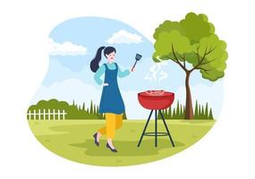 barbecue o barbecue con bistecche alla griglia, piatti, salsiccia, pollo, verdure e persone al picnic o alla festa nel parco in un'illustrazione piana del fumetto vettore