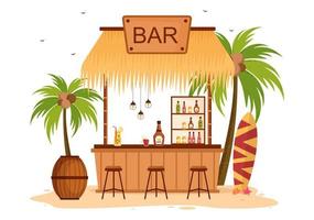 bar tropicale o pub in spiaggia con bottiglie di bevande alcoliche, barista, tavolo, interni e sedie in riva al mare in un fumetto piatto vettore