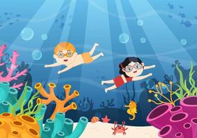 bambini che fanno snorkeling con il nuoto subacqueo esplorando il mare, la barriera corallina o il pesce nell'oceano in un'illustrazione vettoriale piatta del fumetto