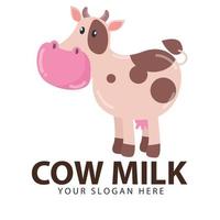il carattere di vettore del logo del latte di mucca della mascotte della mucca del fumetto può aggiungere uno slogan