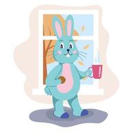 un personaggio coniglio con un biscotto e una tazza in mano è in piedi vicino alla finestra. umore autunnale, novembre. illustrazione vettoriale cartone animato piatto