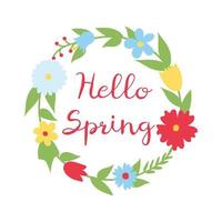ghirlanda di fiori con la scritta ciao primavera, dipinta in stile doodle. collezione primaverile. illustrazione vettoriale piatta