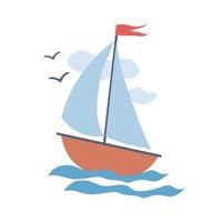 barca a vela, dipinta in stile doodle. collezione estiva. illustrazione vettoriale piatta