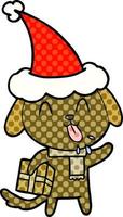 illustrazione in stile fumetto carino di un cane con regalo di Natale che indossa il cappello di Babbo Natale vettore