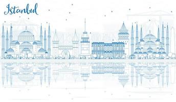 delineare lo skyline di Istanbul con punti di riferimento blu e riflessi. vettore