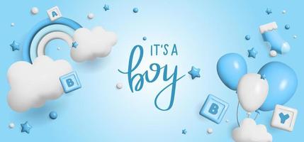 baby doccia spazio 3d. banner poster su baby shower in stile rendering. scritte è un ragazzo. vettore in stile 3 d.