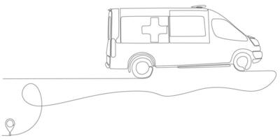 icona linea vettore disegno a linea continua della linea dell'auto ambulanza dal percorso dell'ospedale di oulis con punto di partenza e percorso a linea singola - illustrazione vettoriale. - vettore