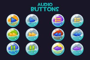 una raccolta di pulsanti audio multicolori luminosi in bolle di sapone. set di icone per l'interfaccia di riproduzione musicale. vettore