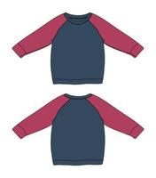 modello di schizzo piatto di moda tecnica felpa raglan bicolore blu navy e rosso per donna vettore