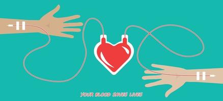 concetto di donazione di sangue con sacca di sangue come illustrazione heart.vector con le braccia. Giornata mondiale del donatore di sangue - 14 giugno. vettore