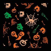 modello senza cuciture festivo di doodle di halloween. sfondo infinito disegnato a mano di vettore con zucche, teschi, fantasmi, ragnatele, ossa e scope. Dolcetto o scherzetto. vettore libero