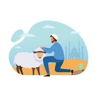 illustrazione di sfondo carino eid al-adha con uomo che tiene le pecore vettore