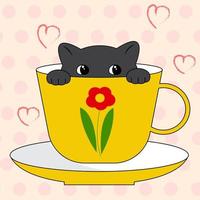 simpatici personaggi gatto grigio in una tazza di caffè. personaggio dei cartoni animati in stile doodle. illustrazione vettoriale.eps vettore