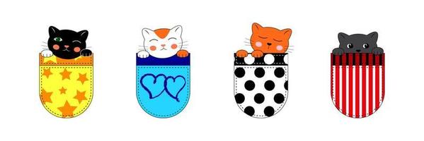 un set di simpatici gattini nelle tasche. gatti dei cartoni animati in stile doodle. illustrazione vettoriale isolato su sfondo bianco